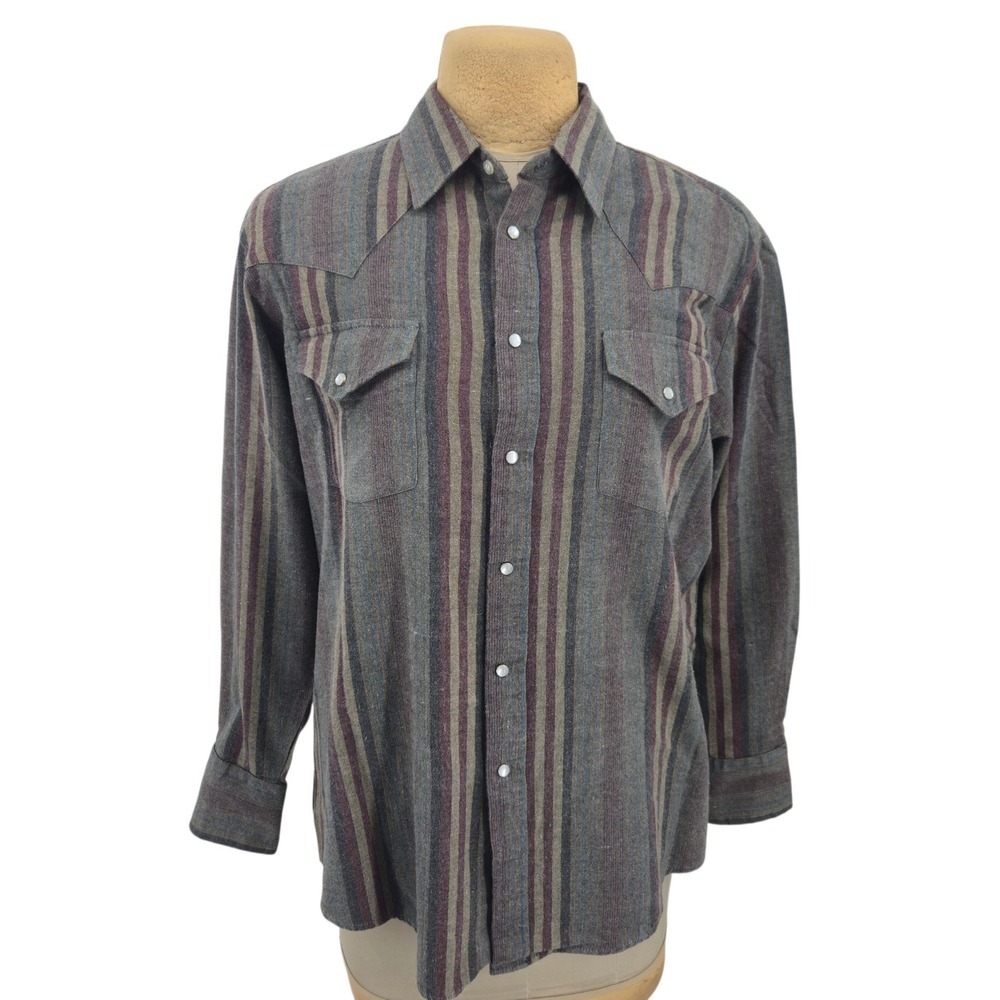 Ely Cattleman Western Shirt Mens 17.5 35 Striped Pearl Snap Long Sleeve Flannel